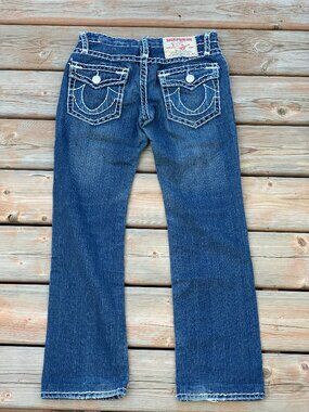 True Religion Low Rise Jeans Women 30 Distressed Denim Super T Flap Straight Y2K